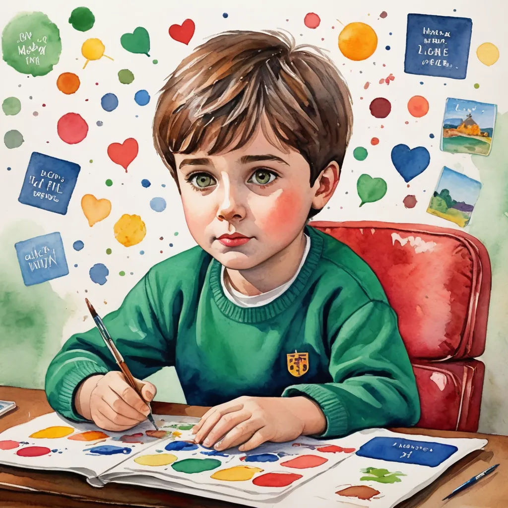 a painting of a boy sitting at a desk with a book and paintbrush in his hand and a book with a picture of him, naive art, an ultrafine detailed painting, artist, professional digital painting