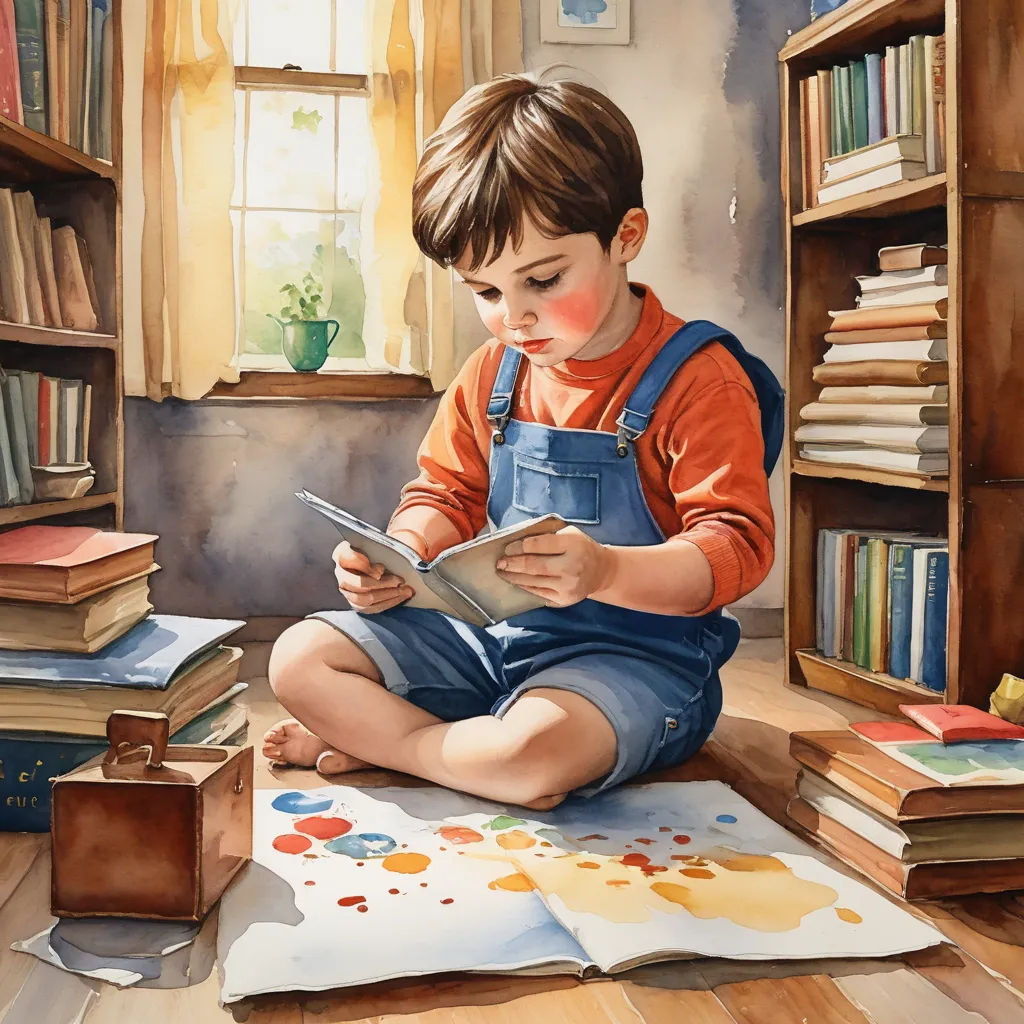 a painting of a boy sitting on the floor reading a book and painting with watercolors on paper, art & language, a storybook illustration, Aaron Jasinski, detailed painting