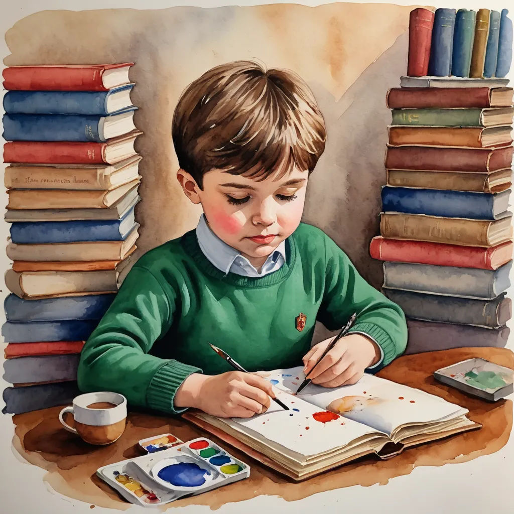 a painting of a boy writing in a book with a cup of coffee and a stack of books behind him, academic art, a storybook illustration, Diego Gisbert Llorens, detailed painting