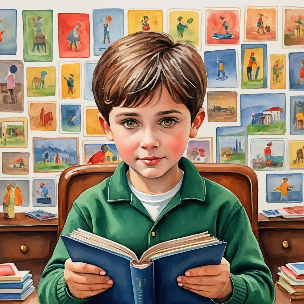 a painting of a boy reading a book in front of a wall of pictures of people and a desk, art & language, an ultrafine detailed painting, Aaron Jasinski, highly detailed portrait