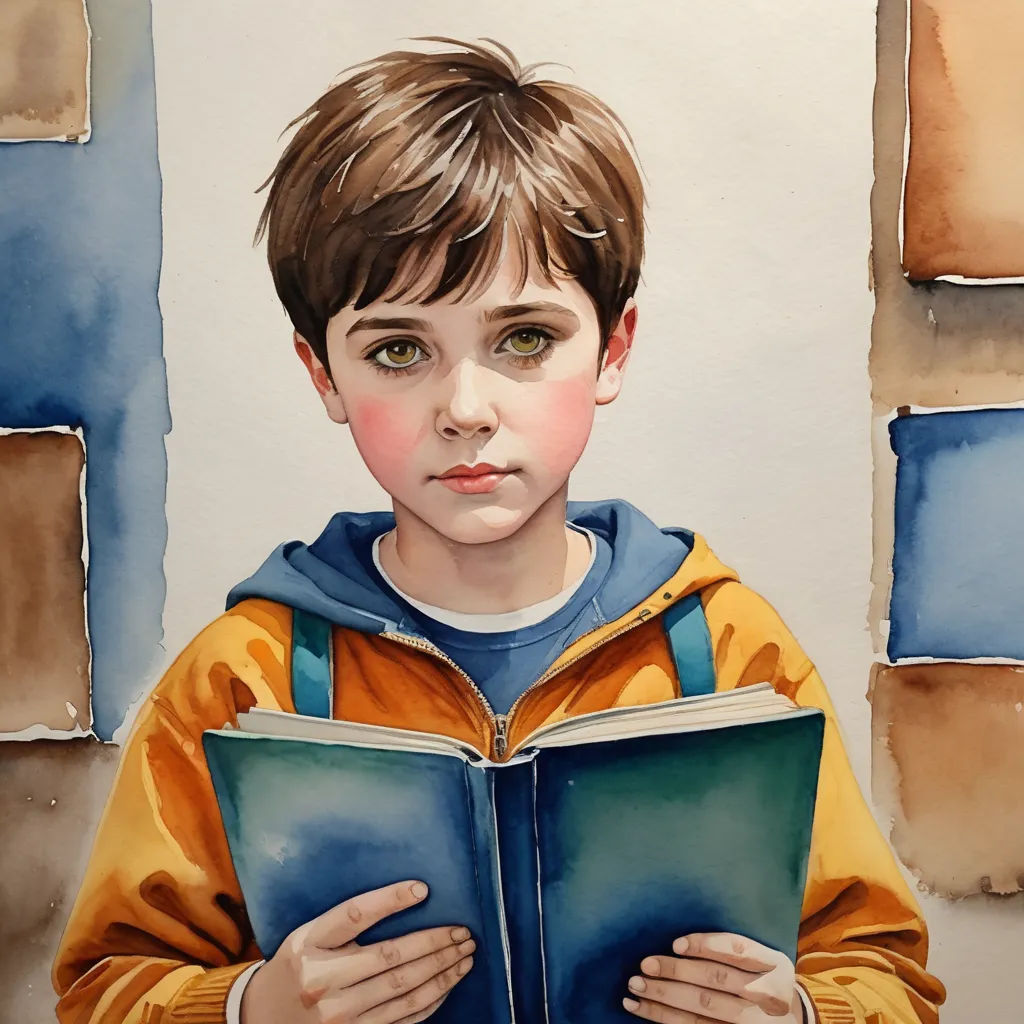 a painting of a boy reading a book with a blue background and a brown and yellow jacket on his shoulders, figurative art, a watercolor painting, Aaron Jasinski, in gouache detailed paintings