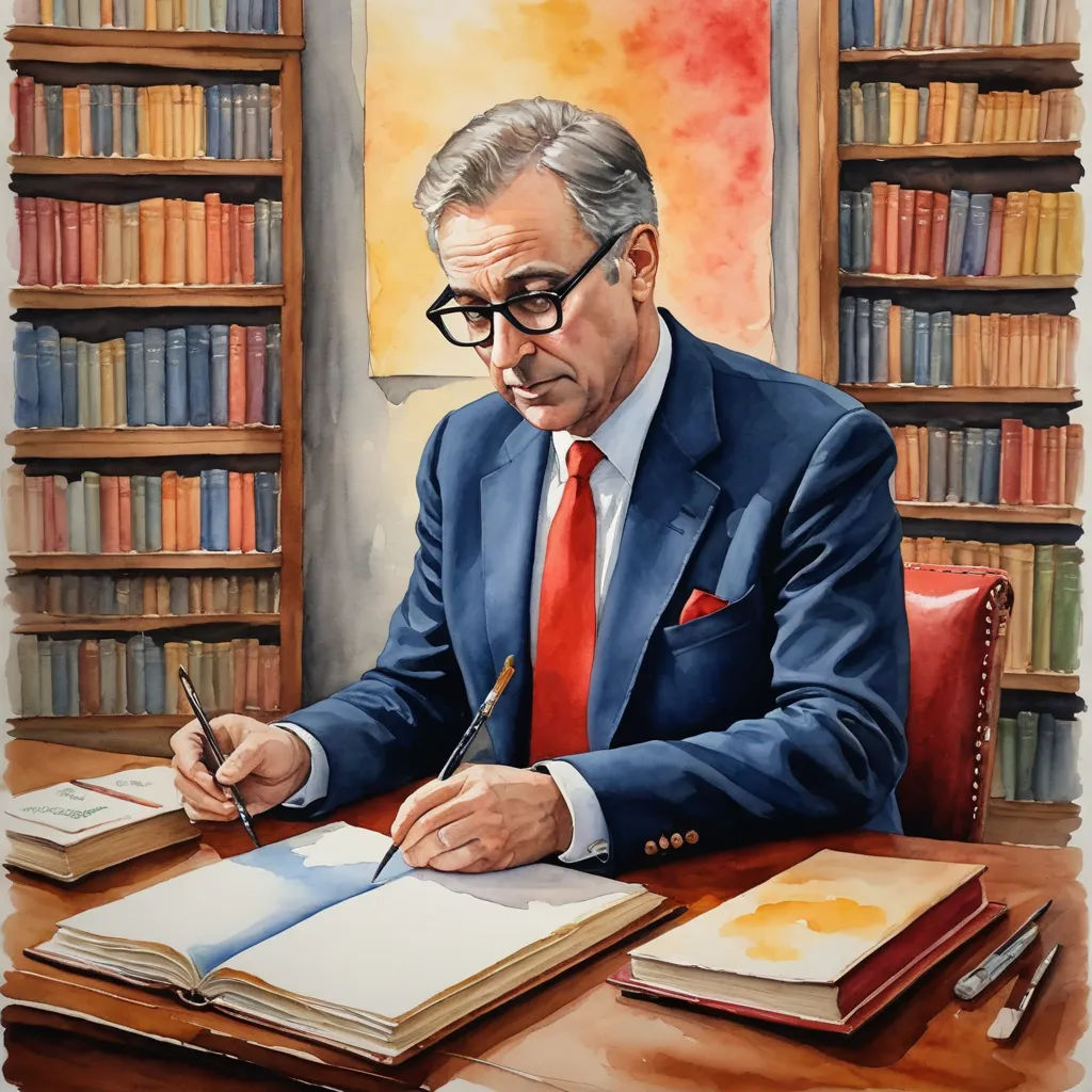 a painting of a man in a suit writing in a bookcase with a pen and paper in his hand, academic art, an ultrafine detailed painting, Alson S. Clark, photorealistic portrait