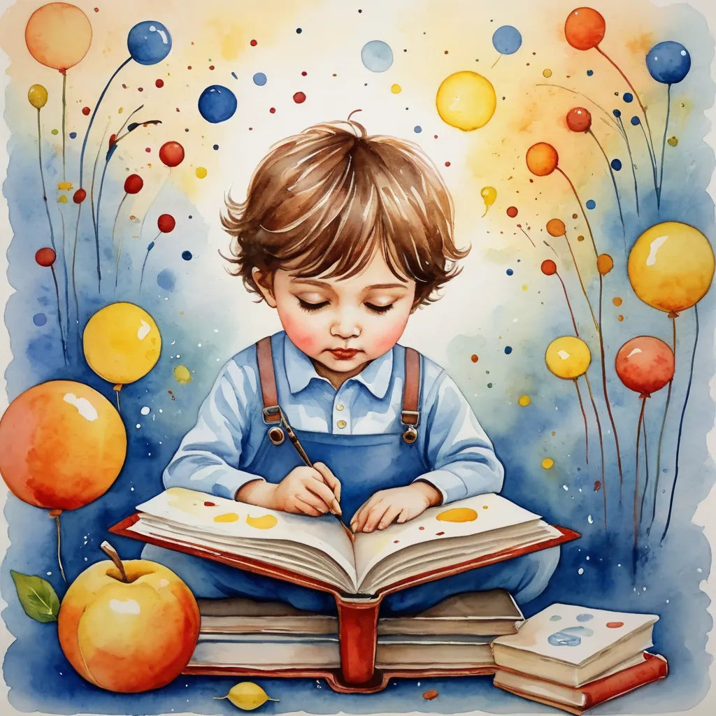 a painting of a boy sitting on a book with balloons around him and writing on a book with a pencil, academic art, a storybook illustration, artist, storybook illustration