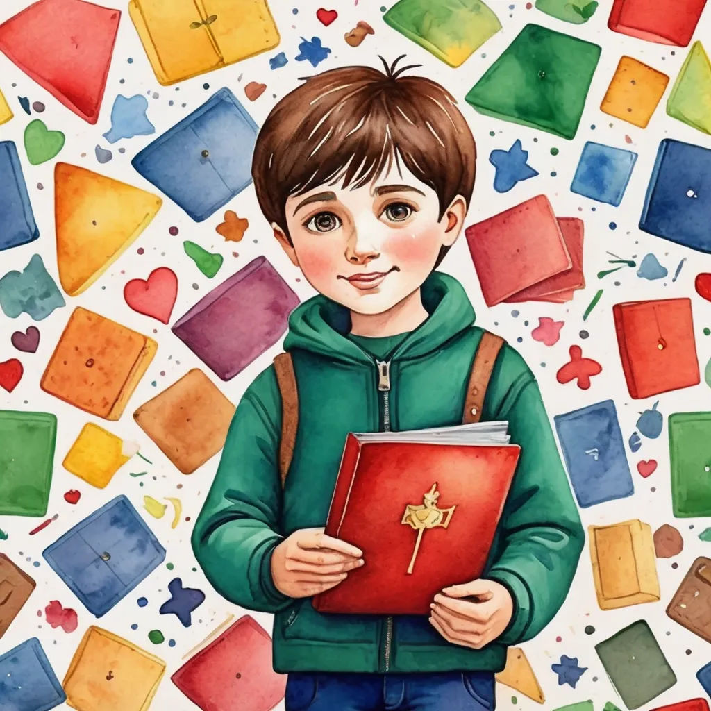 a painting of a boy holding a book in his hands and surrounded by colorful squares of shapes and shapes, naive art, a storybook illustration, Diego Gisbert Llorens, storybook illustration
