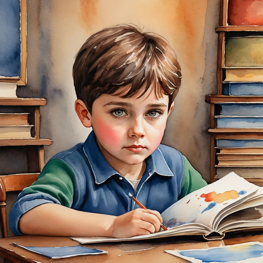 a painting of a boy sitting at a table with a book and pen in his hand and a book open to his left, photorealism, an ultrafine detailed painting, artist, professional digital painting