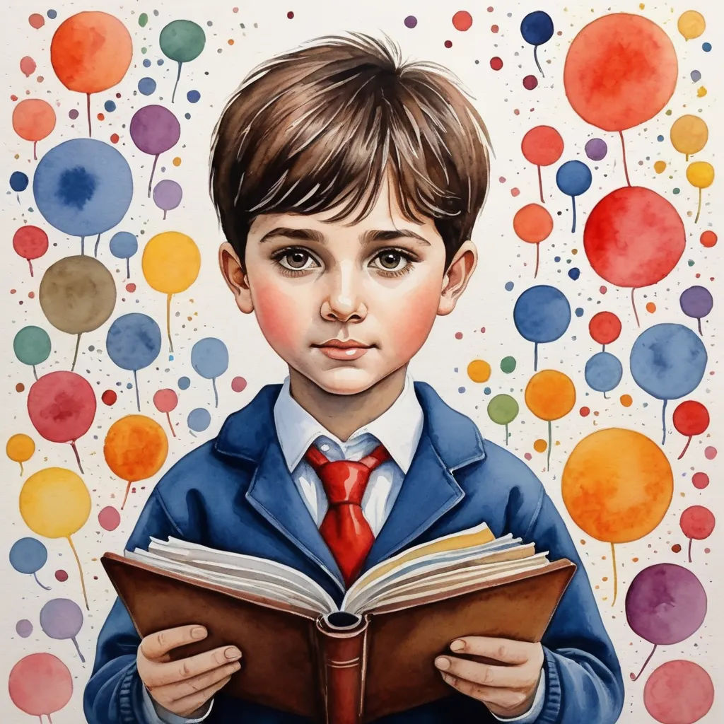 a painting of a boy reading a book with balloons in the background and a red tie on his head, naive art, an ultrafine detailed painting, Aaron Jasinski, in gouache detailed paintings