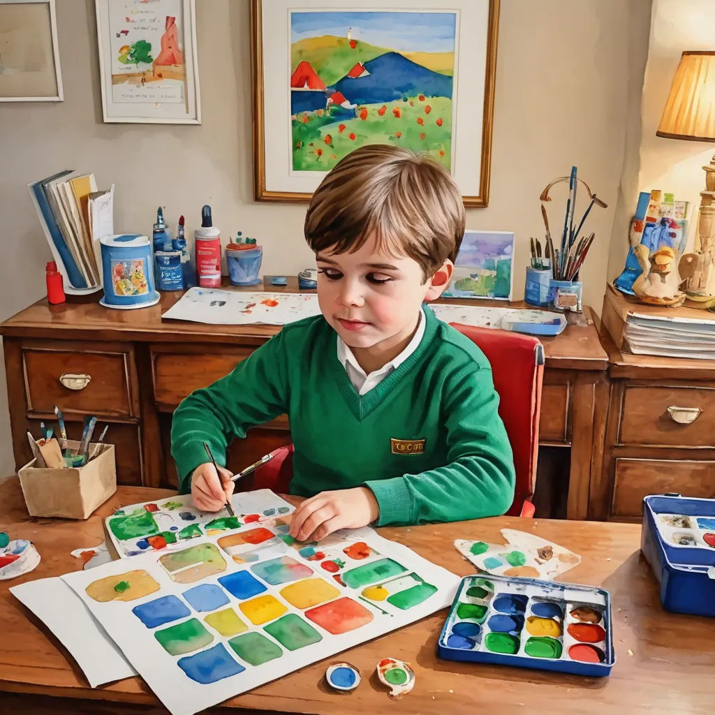 a young boy sitting at a table with a painting on it's paper and a brush in his hand, action painting, a photorealistic painting, David Brewster, professional digital painting