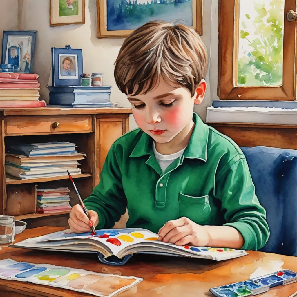 a painting of a boy sitting at a desk with a book and a pen in his hand and a book open to the page, photorealism, a watercolor painting, David Brewster, bright studio setting