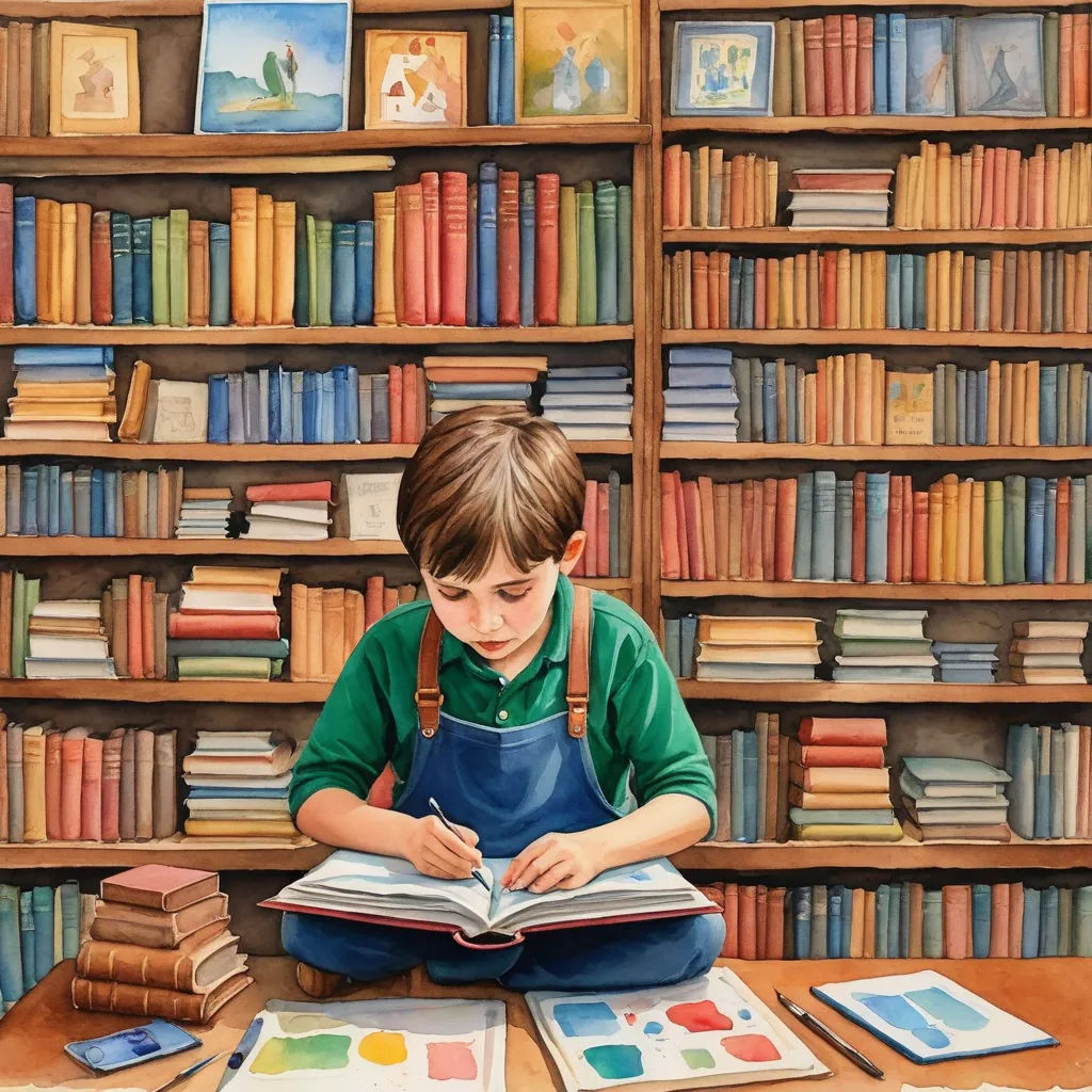 a painting of a boy sitting at a table with a book and a paintbrush in front of a bookcase, academic art, a storybook illustration, Bob Byerley, storybook illustration
