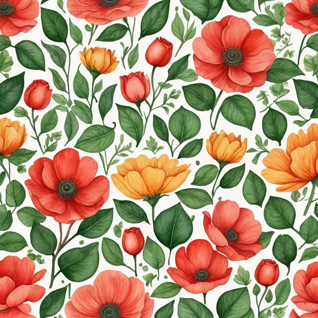 a floral pattern with red and yellow flowers on a white background with green leaves and buds on a white background, arts and crafts movement, a watercolor painting, Annabel Kidston, flowers