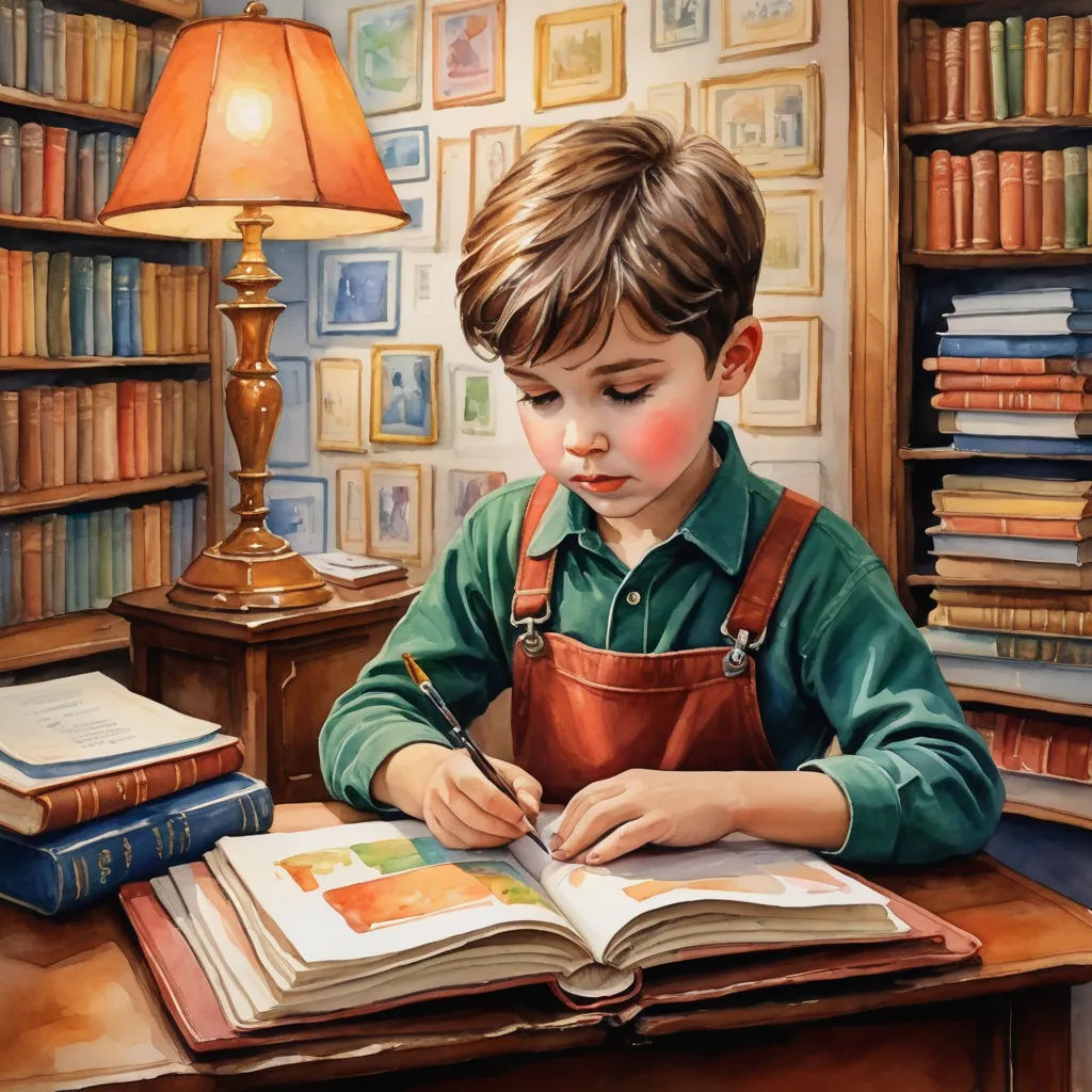 a painting of a boy writing in a book in a library with a lamp on the side of the room, figurative art, a storybook illustration, Bob Byerley, storybook illustration