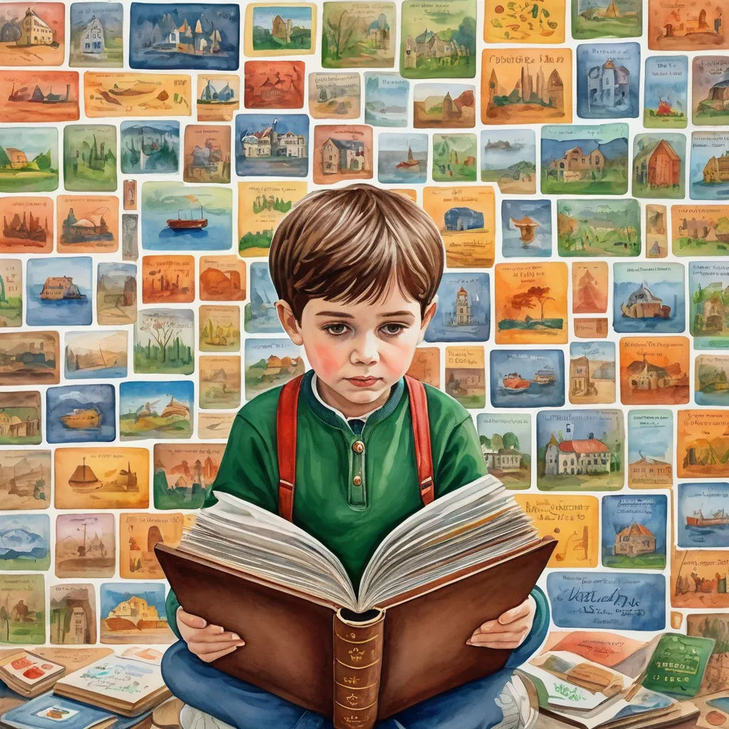 a painting of a boy reading a book with many pictures of buildings on the wall behind him and a wall of books behind him, art & language, a storybook illustration, Bob Byerley, storybook illustration