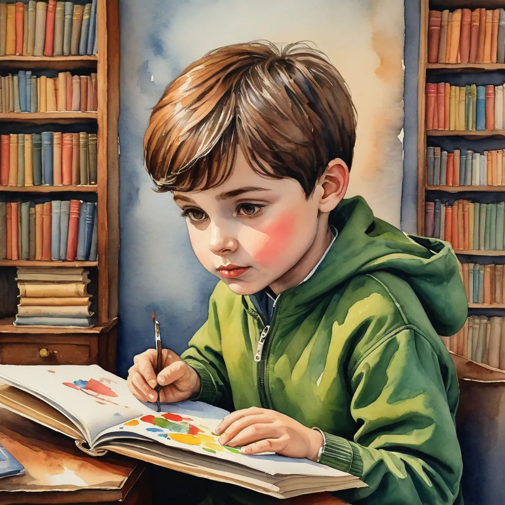 a painting of a boy sitting at a desk with a book and pen in his hand and a book in front of him, photorealism, a storybook illustration, Diego Gisbert Llorens, detailed painting