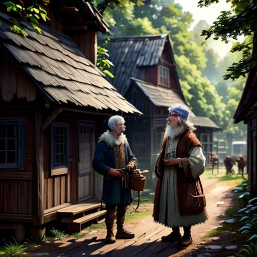 a painting of two people standing outside of a cabin in the woods, talking to each other, with cows in the background