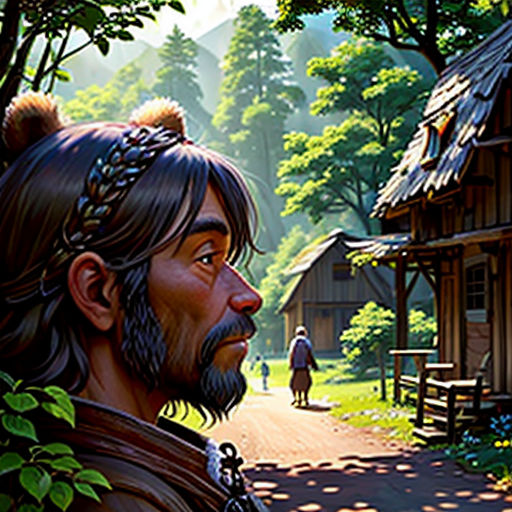 a man with a beard and a beard standing in front of a forest with a house and a man in the background