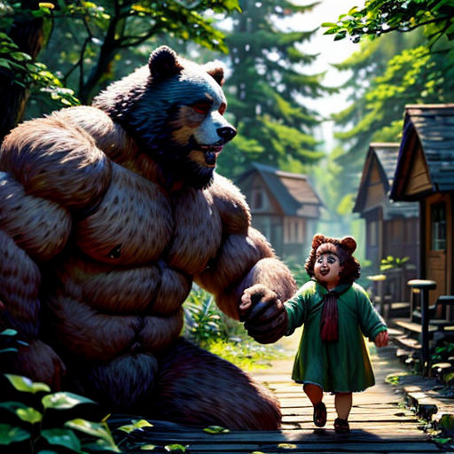 a child is holding a large bear in a forest area with a house in the background and a bear in the foreground