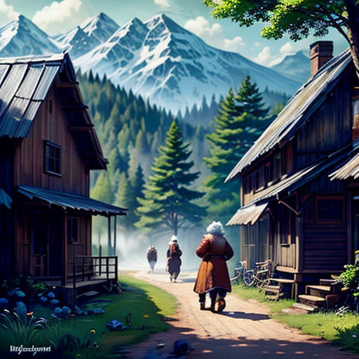 a painting of a person walking down a road in front of a mountain range with a cabin on the other side