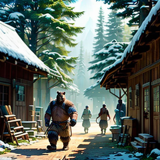 a painting of a man walking down a street next to a cabin in the woods with a bear on his back