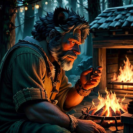 a man sitting in front of a fire with a lit candle in his hand and a cat on his shoulder