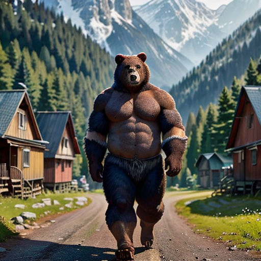 a man in a bear costume walking down a road in front of a mountain range with houses and a bear