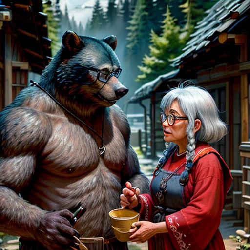 a woman standing next to a giant bear holding a cup of coffee in her hand and a man in a bear costume
