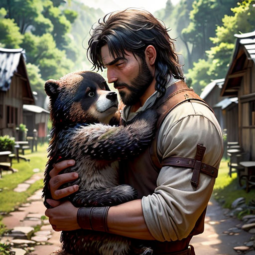 a man holding a bear in a village with a forest in the background and a path leading to a building