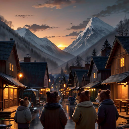 a painting of a group of people standing in front of a mountain village at night with a full moon