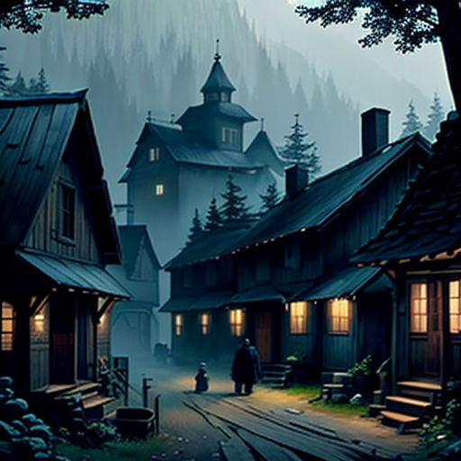a painting of a village with a person walking down the street at night with a foggy mountain in the background