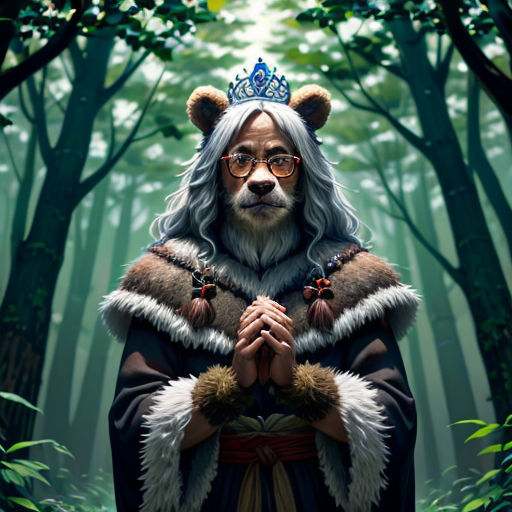 a man with a crown and glasses standing in a forest with trees and leaves on his head and hands folded in prayer