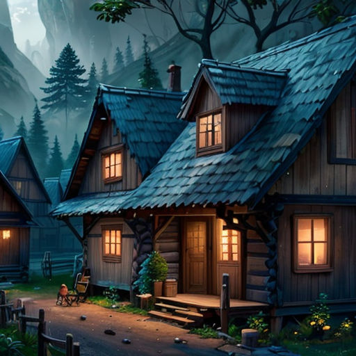 a painting of a cabin in the woods at night with a full moon and mountains in the background and a person sitting on a bench
