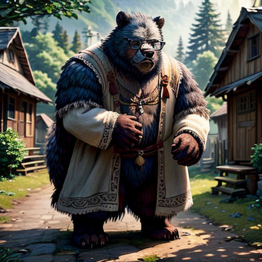 a bear standing in a village with a man in a bear suit and a bear mask on his head