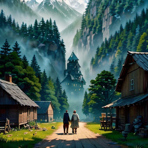 a man and a woman walking down a road in front of a mountain range with a forest and a village