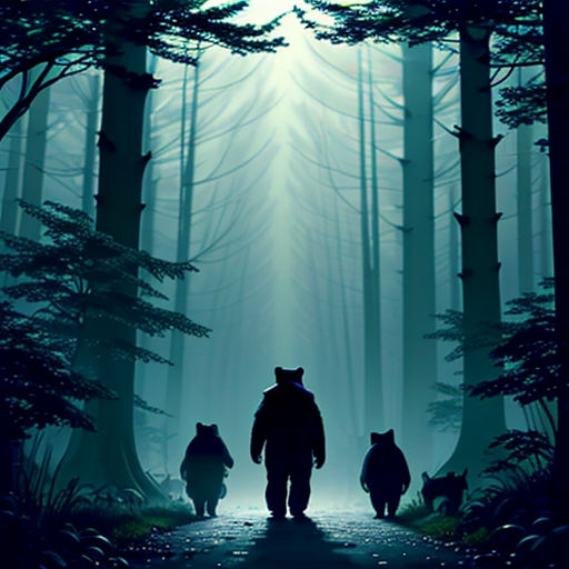 a man walking through a forest with three bears on a path to the light at the end of the forest