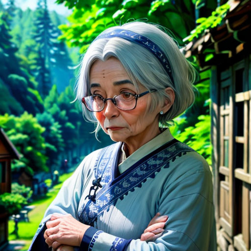 a painting of an elderly woman standing in front of a house with a forest in the background and a house in the foreground