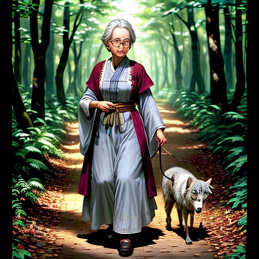 a woman walking a dog down a forest path with a forest background and a forest scene behind her, with a woman in a red and white dress