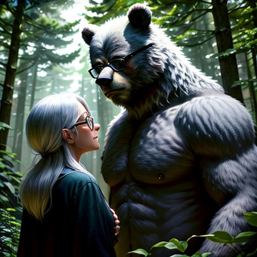 a woman standing next to a giant bear in the forest with a man in glasses on his face and a giant bear behind her