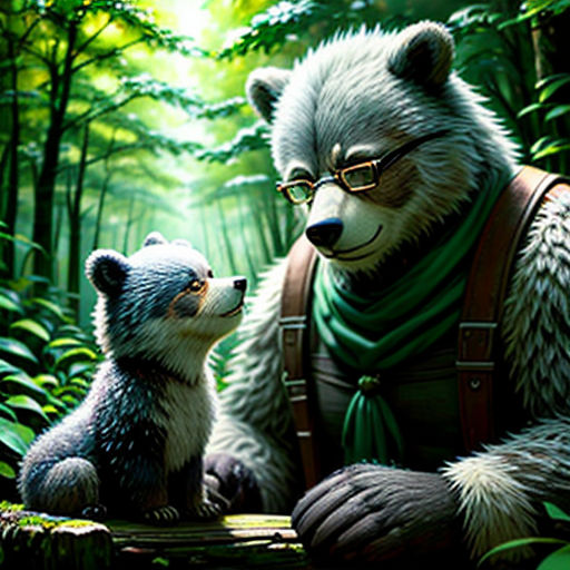 a bear and a baby bear in the woods with a forest background and a green light behind them, with a forest scene