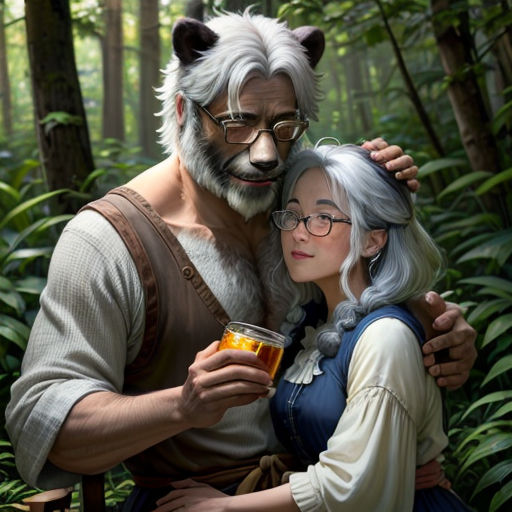 a man and woman are hugging in the woods with a bear on their shoulder and a bear on their shoulder