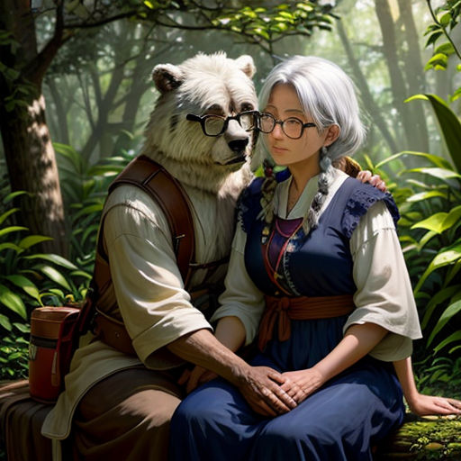 a woman sitting on a bench next to a bear in a forest with trees and bushes behind her,