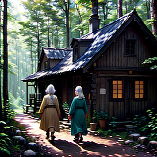 two women walking towards a cabin in the woods by a stream of water and trees, with a stream of water running through the woods
