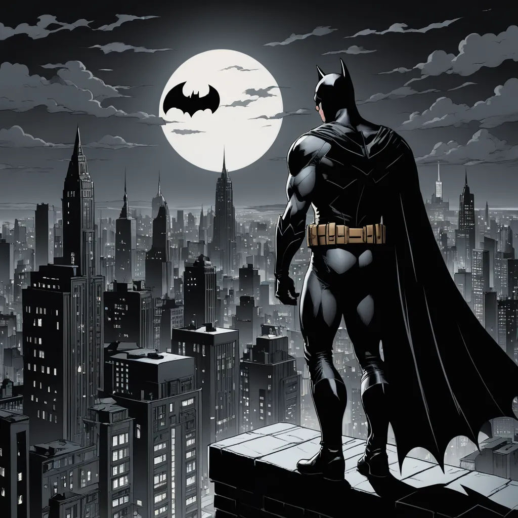 a batman standing on a ledge in front of a cityscape at night with a full moon in the background, gothic art, a comic book panel, Eddie Mendoza, dark night