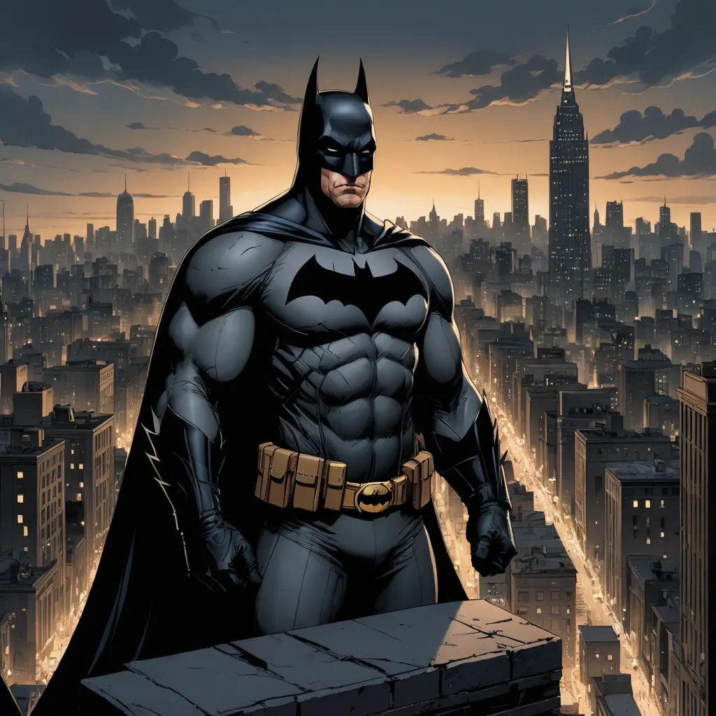 a batman standing on top of a building in a city at night with a city skyline in the background, gothic art, a comic book panel, Eddie Mendoza, dark night