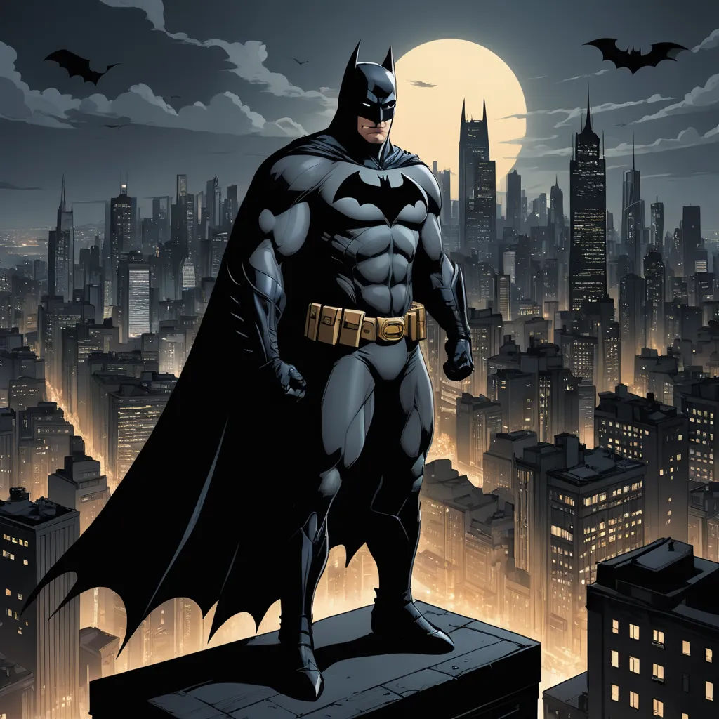 a batman standing on a ledge in front of a city skyline at night with the moon in the background, gothic art, a comic book panel, Eddie Mendoza, dark night