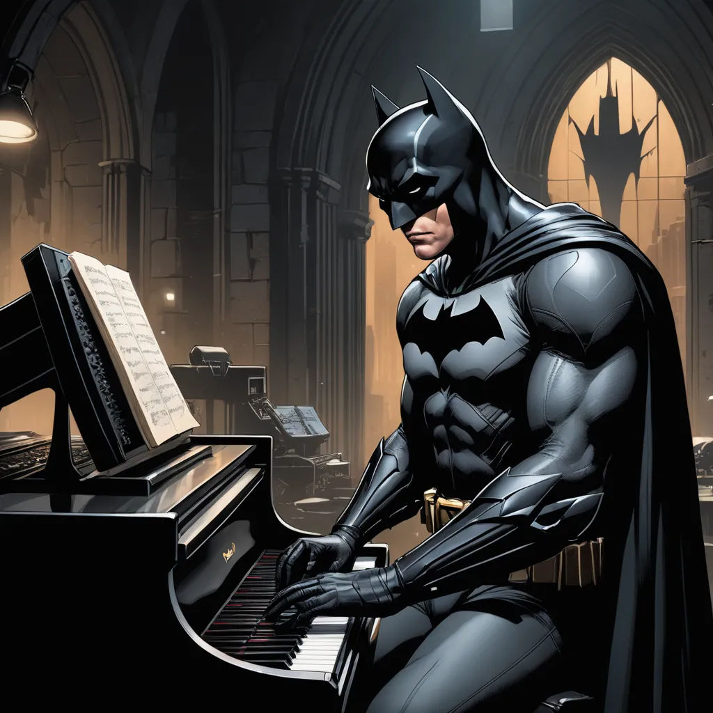 a batman playing a piano in a dark room with a piano in the foreground and a piano in the background, gothic art, a comic book panel, Artgerm, dark night