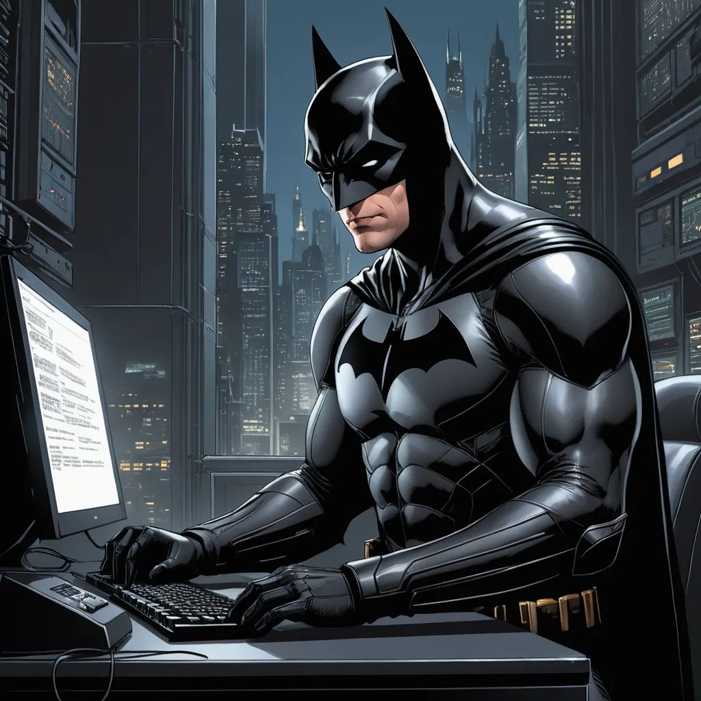 a man in a batman costume sitting at a desk with a laptop computer in front of him and a cityscape in the background, computer art, computer graphics, Eddie Mendoza, highly detailed digital art