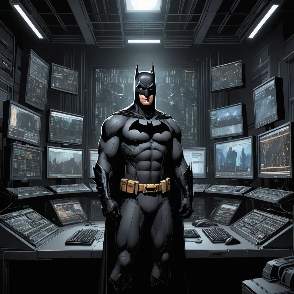 a batman standing in front of a bunch of monitors in a room with a batman costume on and a laptop on the desk, computer art, a comic book panel, Dan Mumford, comic cover art