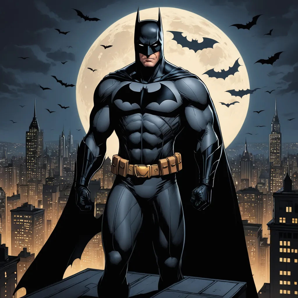 a batman standing on a roof in front of a full moon and cityscape with a full moon behind him, gothic art, a comic book panel, Eddie Mendoza, dark night
