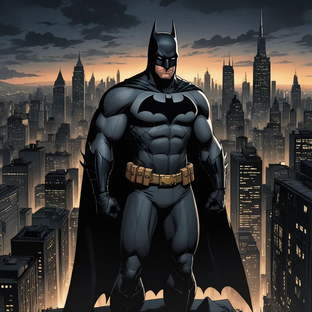 a batman standing on top of a building in a city at night with a city skyline in the background, gothic art, a comic book panel, Artgerm, dark night