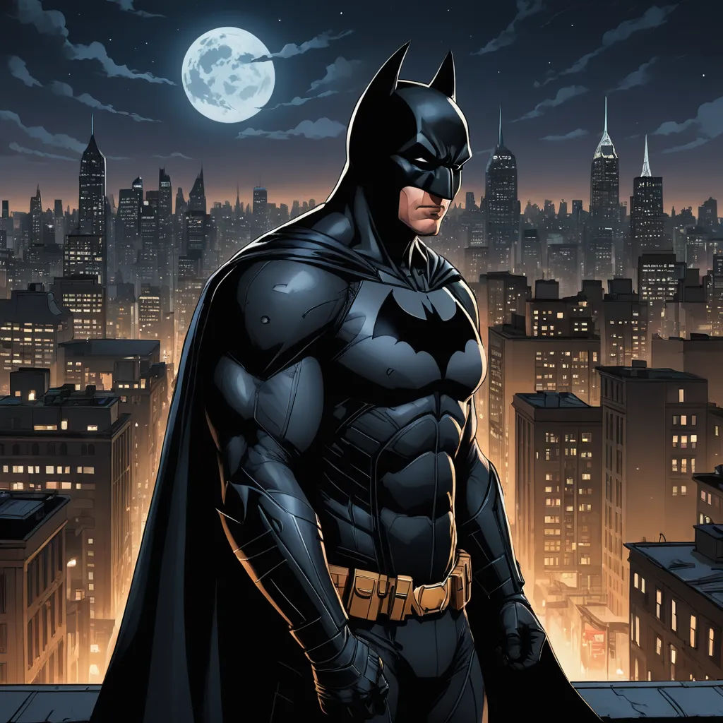 a man in a batman costume standing on a rooftop at night with a full moon in the background and a city skyline, gothic art, a comic book panel, Artgerm, dark night