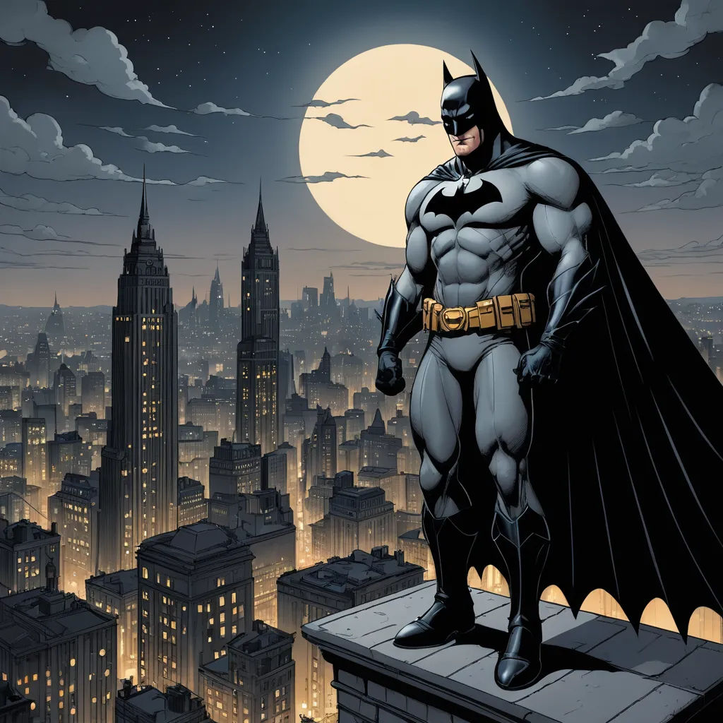 a batman standing on a ledge in front of a cityscape at night with a full moon in the background, gothic art, a comic book panel, Eddie Mendoza, dark night